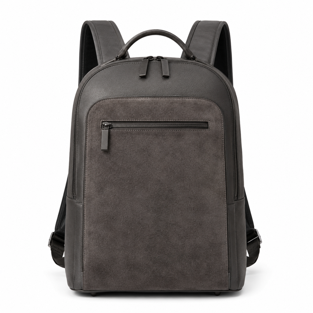 Vue de face du sac à dos en cuir et daim gris