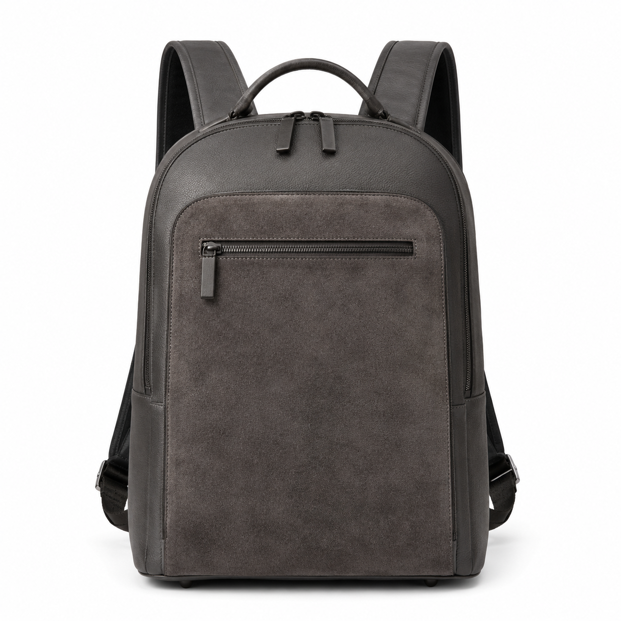 Vue de face du sac à dos en cuir et daim gris