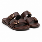 Vue latérale des sandales en cuir marron avec boucles