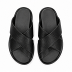 Détails du cuir croisé des sandales.