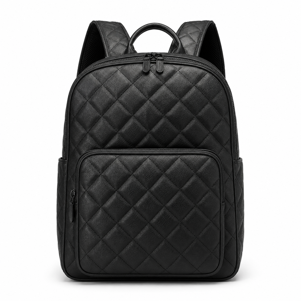 Vue de face du sac à dos en cuir matelassé noir