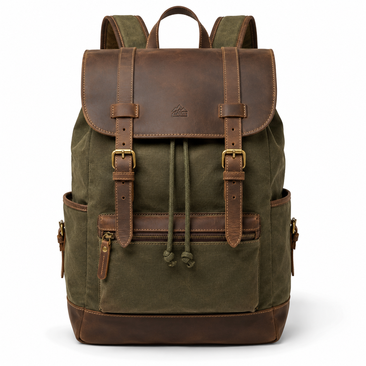 Sac à dos en toile et cuir vert de face