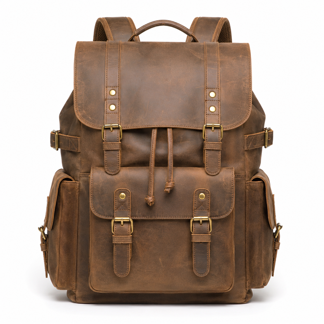 Sac à dos en cuir vintage de face avec poches multiples.